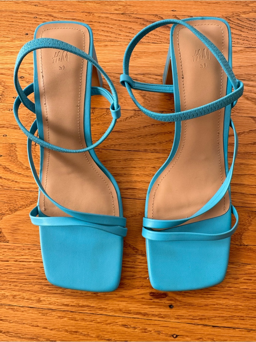 H&M Bright Turquoise Strappy Square-Toe Heeled Sandals
